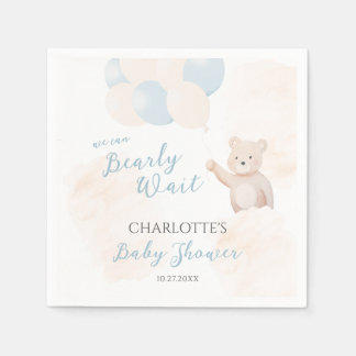 We Can Bearly Wait | Teddy Bear Boy Baby Shower Napkin