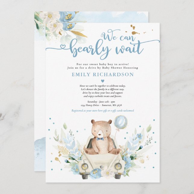 We Can Bearly Wait Teddy Bear Drive By Baby Shower Invitation (Front/Back)