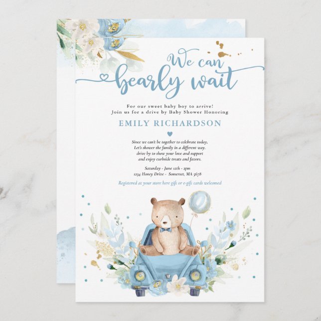 We Can Bearly Wait Teddy Bear Drive By Baby Shower Invitation (Front/Back)