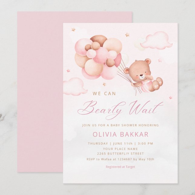We Can Bearly Wait Teddy Bear Girl Baby Shower Invitation (Front/Back)