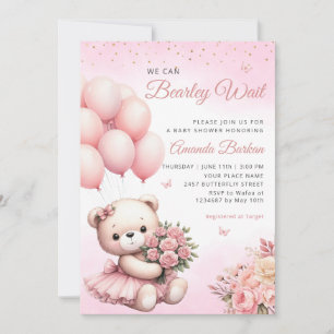 We Can Bearly Wait Teddy Bear Girl Baby Shower Invitation