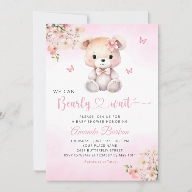 We Can Bearly Wait Teddy Bear Girl Baby Shower  Invitation (Front)
