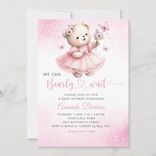 We Can Bearly Wait Teddy Bear Girl Baby Shower  Invitation (Front)