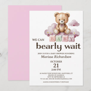 We Can Bearly Wait Teddy Bear Girl Baby Shower Invitation