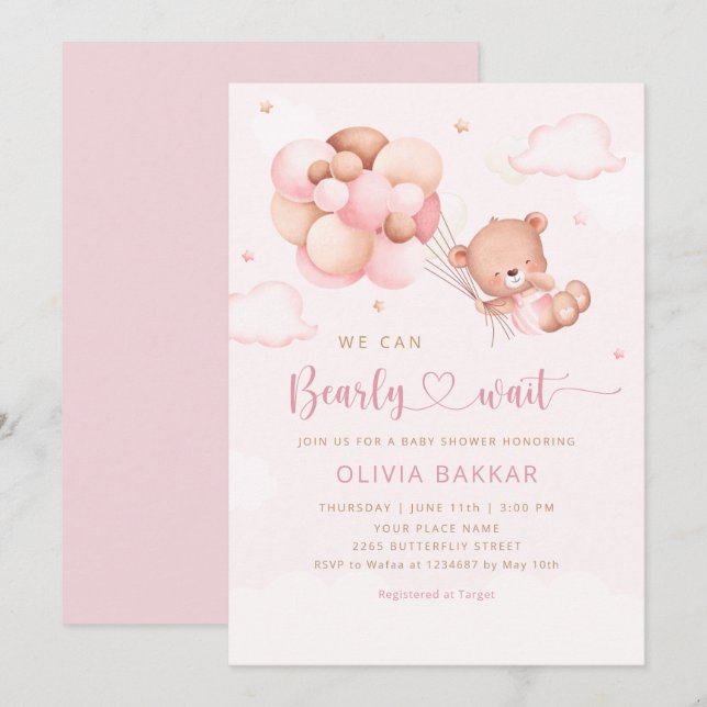 We Can Bearly Wait Teddy Bear Girl Baby Shower Invitation (Front/Back)