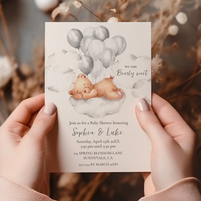 We can Bearly Wait Teddy Bear Grey Boy Baby Shower Invitation (Creator Uploaded)