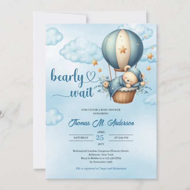 We can bearly wait teddy bear hot air balloon invitation (Front)