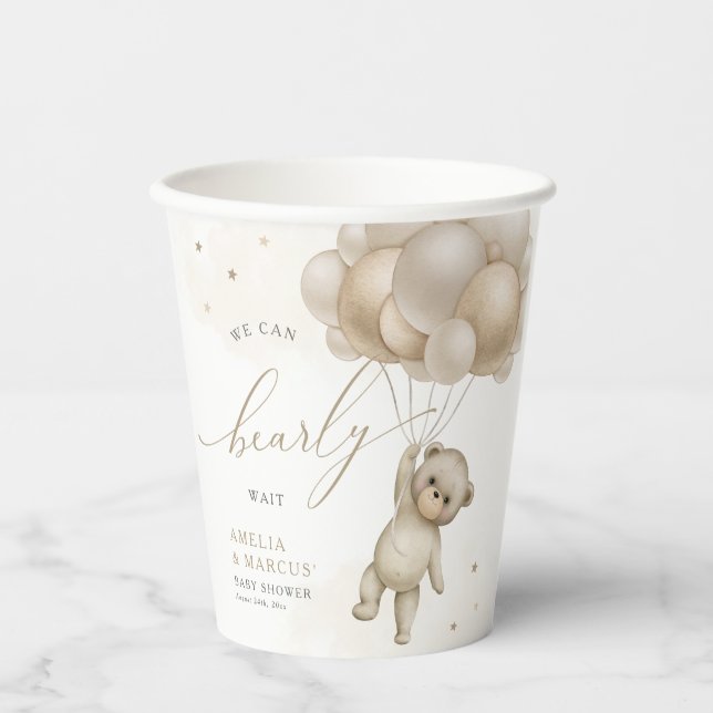 We Can Bearly Wait Teddy Bear Neutral Baby Shower  Paper Cups (Front)