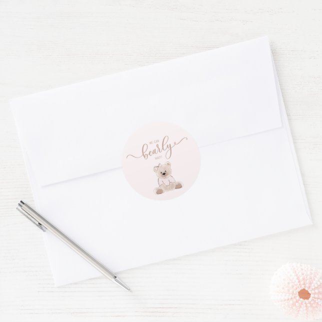 We Can Bearly Wait Teddy Bear Pink Baby Shower Classic Round Sticker (Envelope)