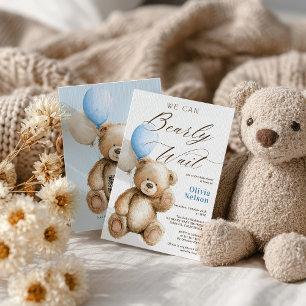 We Can Bearly Wait Teddy Bear QR Boy Baby Shower Invitation