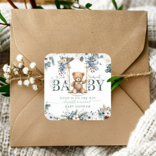 We can Bearly Wait Teddy Bear Sage Green Square Sticker