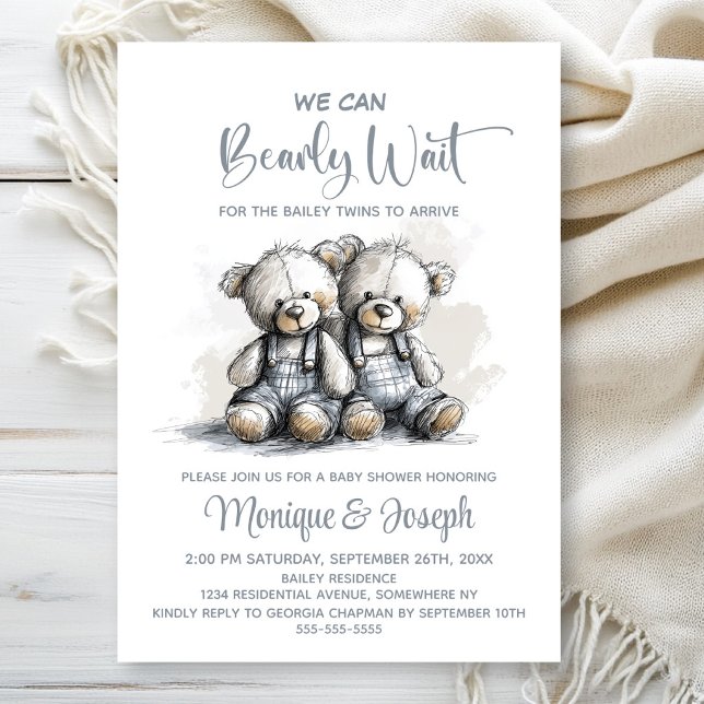 We Can Bearly Wait Teddy Bear Twins Baby Shower Invitation (Creator Uploaded)