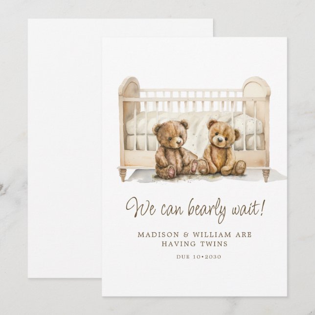 We Can Bearly Wait Teddy Bear Twins Pregnancy Invitation (Front/Back)