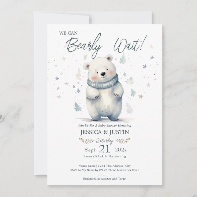 We Can Bearly Wait Teddy Bear Winter Baby Shower Invitation (Front)