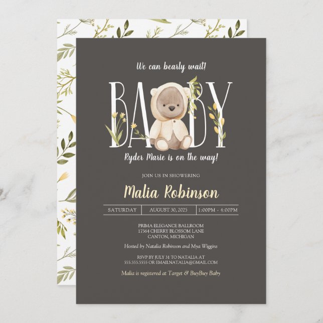 We Can Bearly Wait! Teddy Bear Yellow Baby Shower Invitation (Front/Back)