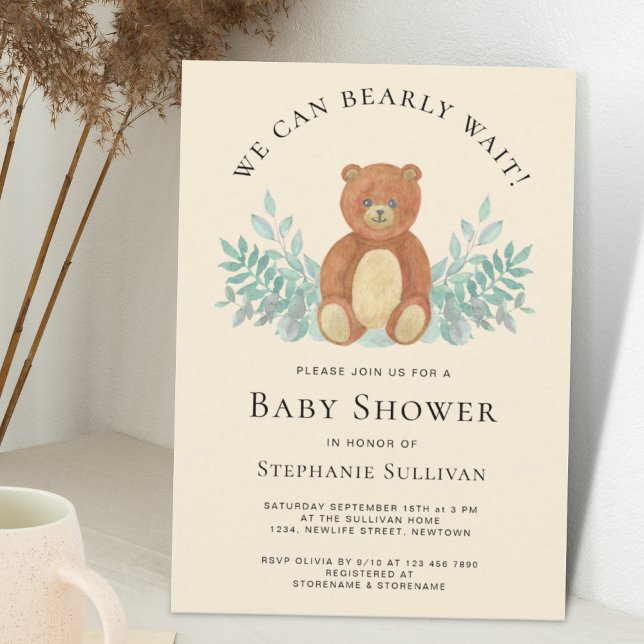 We Can Bearly Wait Teddy Eucalyptus Baby Shower Invitation (Creator Uploaded)