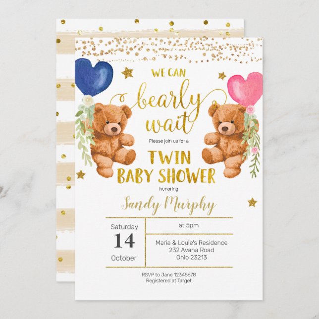We Can Bearly Wait Twin Baby Shower Invitation (Front/Back)