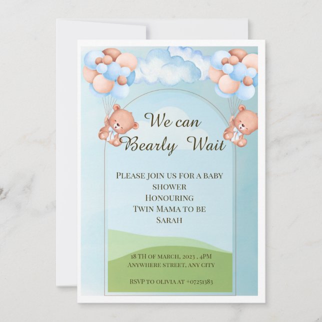 We Can Bearly Wait Twin Baby Shower Invitation – (Front)