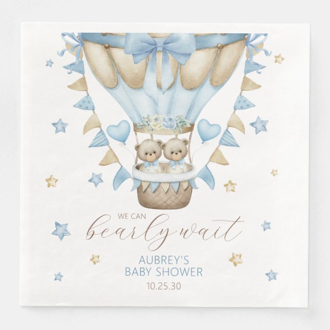 We Can Bearly Wait Twin Boy Baby Shower Napkin (Front)