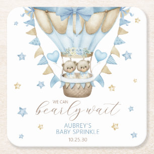 We Can Bearly Wait Twin Boy Baby Sprinkle Square Paper Coaster