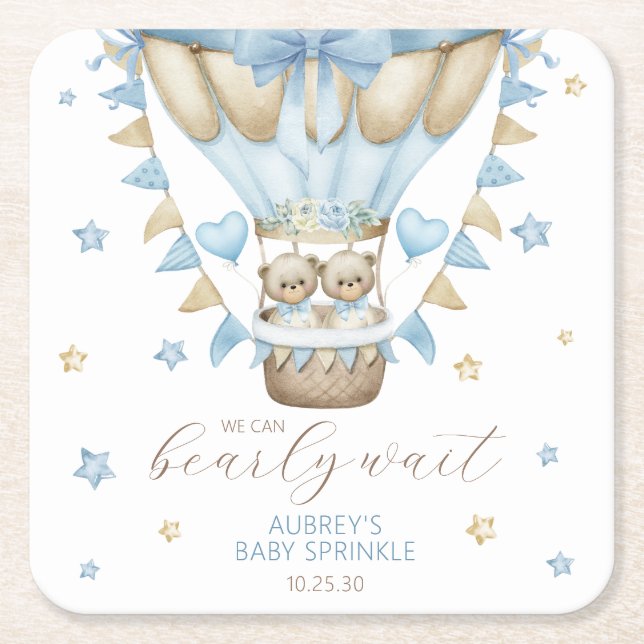 We Can Bearly Wait Twin Boy Baby Sprinkle Square Paper Coaster (Front)