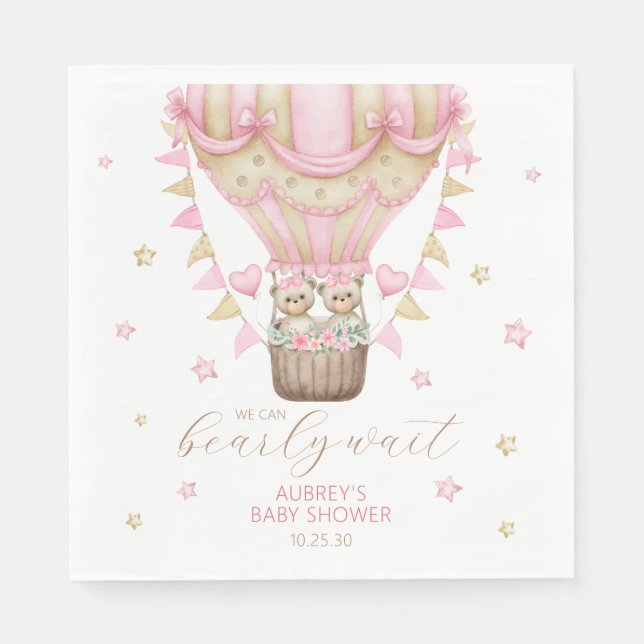 We Can Bearly Wait Twin Girl Baby Shower Napkin (Front)