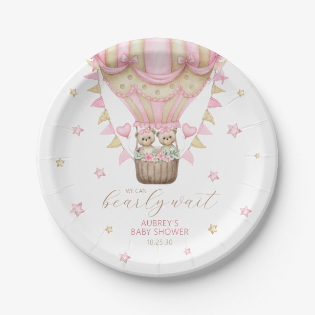 We Can Bearly Wait Twin Girl Baby Shower Paper Plate (Front)