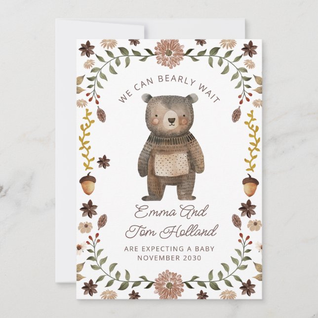 We Can Bearly Wait Watercolor Bear Pregnancy Announcement (Front)