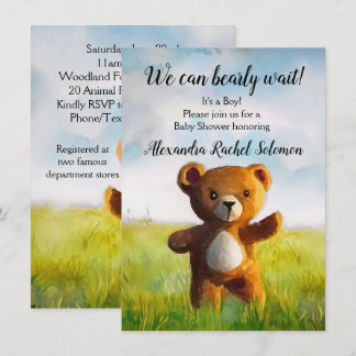We Can Bearly Wait Watercolor Boy Baby Shower Invitation