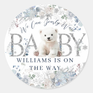 We Can Bearly Wait Winter Bear Baby Boy Shower Classic Round Sticker