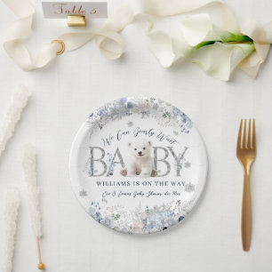 We Can Bearly Wait Winter Bear Baby Boy Shower Paper Plate