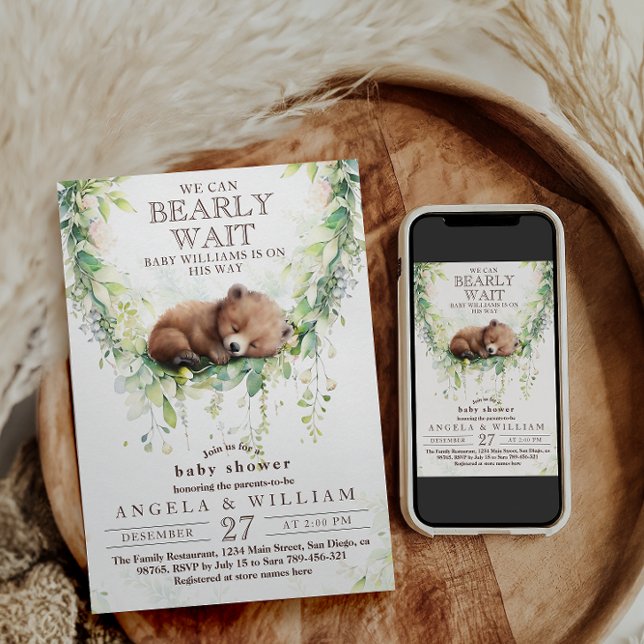 We can Bearly Wait Woodland Greenery Baby Shower Invitation (Creator Uploaded)