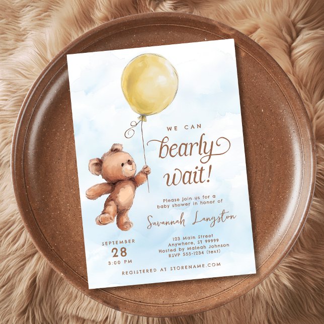 We Can Bearly Wait Yellow Teddy Bear Baby Shower Invitation (Shown on a 5x7" invitation)