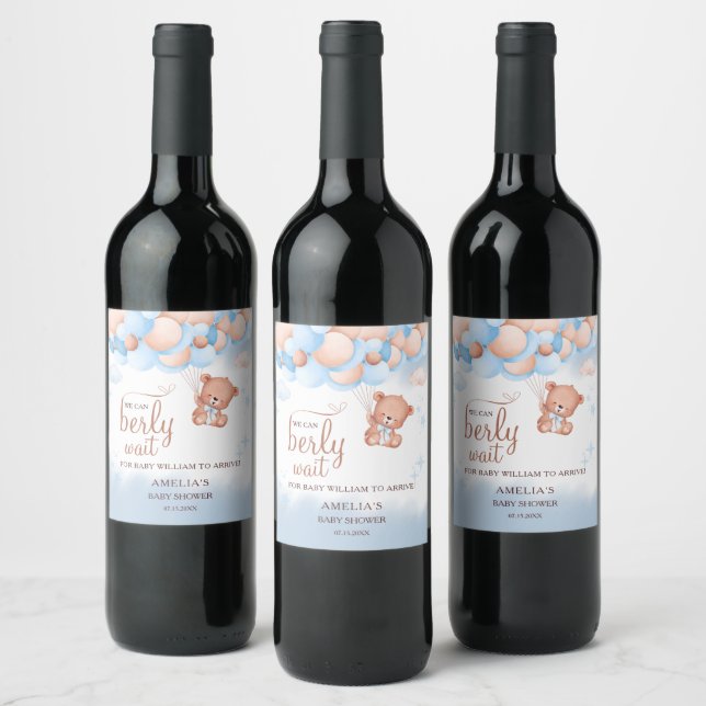 We Can Berly Wait Teddy Bear Baby Shower  Wine Label (Bottles)