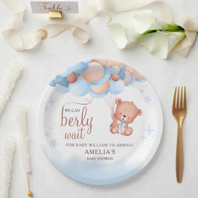 We Can Berly Wait Teddy Bear Balloon Baby Shower Paper Plate (Wedding)
