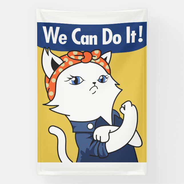 We Can Do It! White Cat Rosie the Riveter Banner (Vertical)