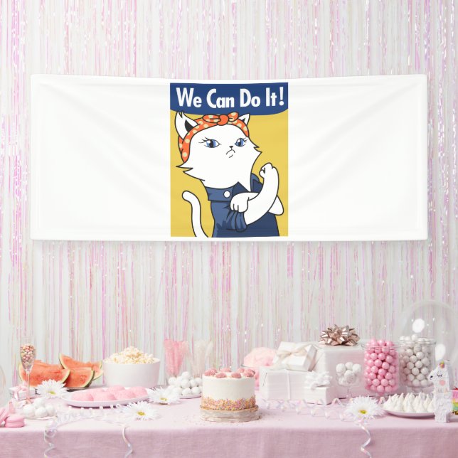 We Can Do It! White Cat Rosie the Riveter Banner (Party)