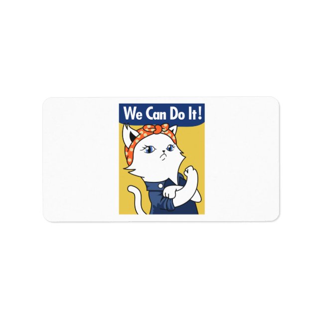 We Can Do It! White Cat Rosie the Riveter Label (Front)