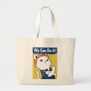 We Can Do It! White Cat Rosie the Riveter Large Tote Bag