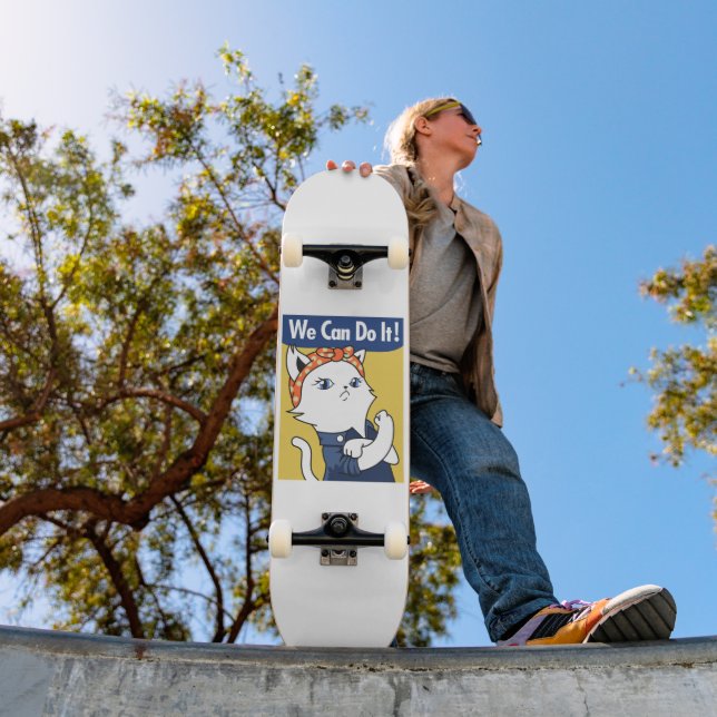 We Can Do It! White Cat Rosie the Riveter Skateboard (Outdoor 1)