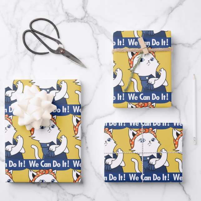 We Can Do It! White Cat Rosie the Riveter Wrapping Paper Sheet (Front)