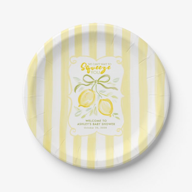 We Can’t Wait to Squeeze You Lemons and Bow Paper Plate (Front)