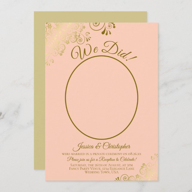 We Did! Coral Peach & Gold Lace Wedding Reception Invitation (Front/Back)