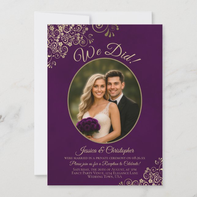 We Did! Gold Curls Plum Purple Wedding Reception Invitation (Front)