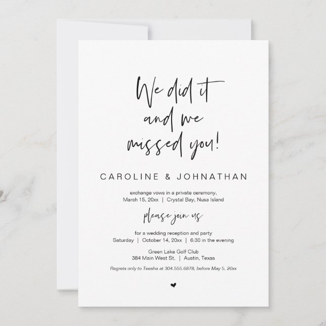 We did it, missed you, Black, Wedding Elopement Invitation (Front)