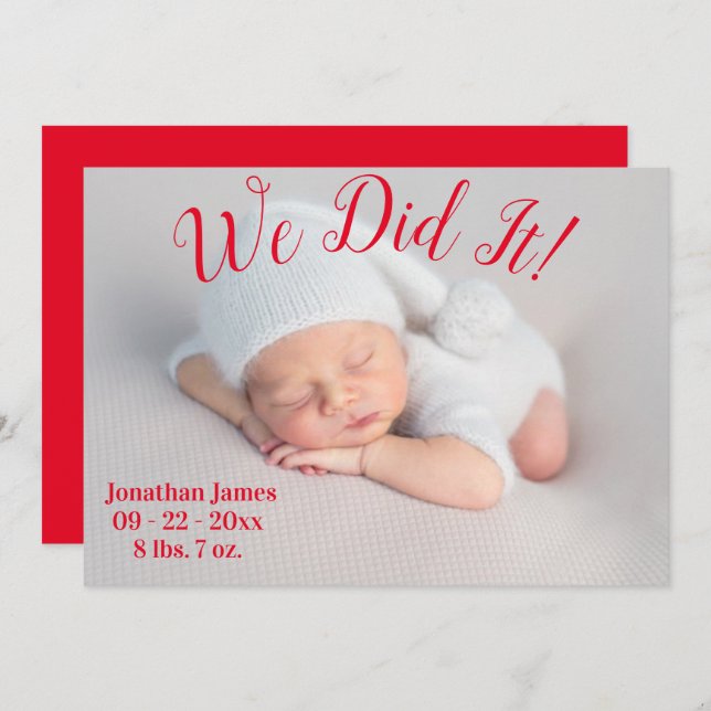 We Did It Photo Stats Red Gender Neutral Birth Announcement (Front/Back)