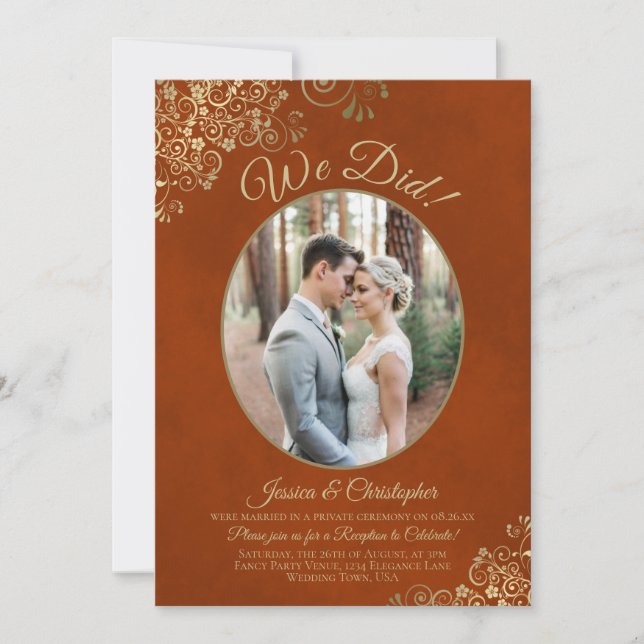 We Did! Rust Orange & Gold Fancy Wedding Reception Invitation (Front)
