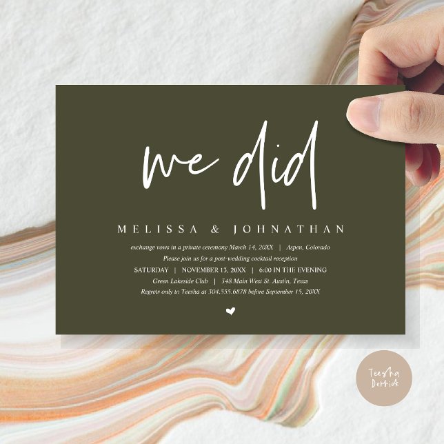 We Did, Wedding Elopement Party, Modern Minimalist Invitation (We Did, Wedding Elopement Dinner Invitation Card, PDF, Modern Minimalist, in Olive Green)
