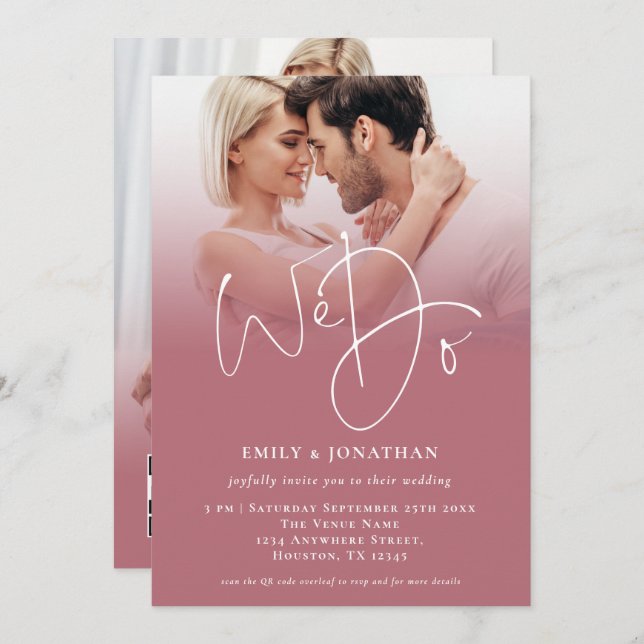 We Do 2 Photos Script QR Rose Gold Wedding  Invitation (Front/Back)