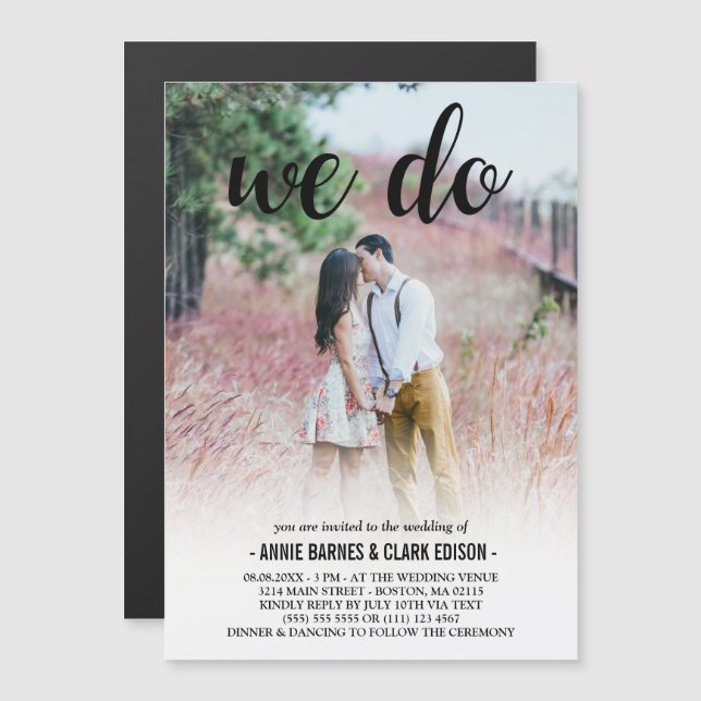 We Do Black Script Photo Wedding Magnetic Invitation (Front/Back)